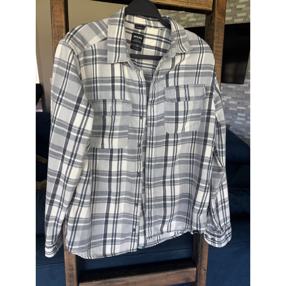 Prana Mens Grey White Plaid Recycled Cotton Blend Flannel Shirt Standard Fit S